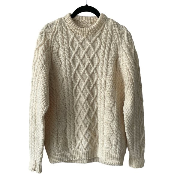 handmade Sweaters - Handmade Knit Pullover Sweater Fisherman Crew Neck Long Sleeve Cream Medium